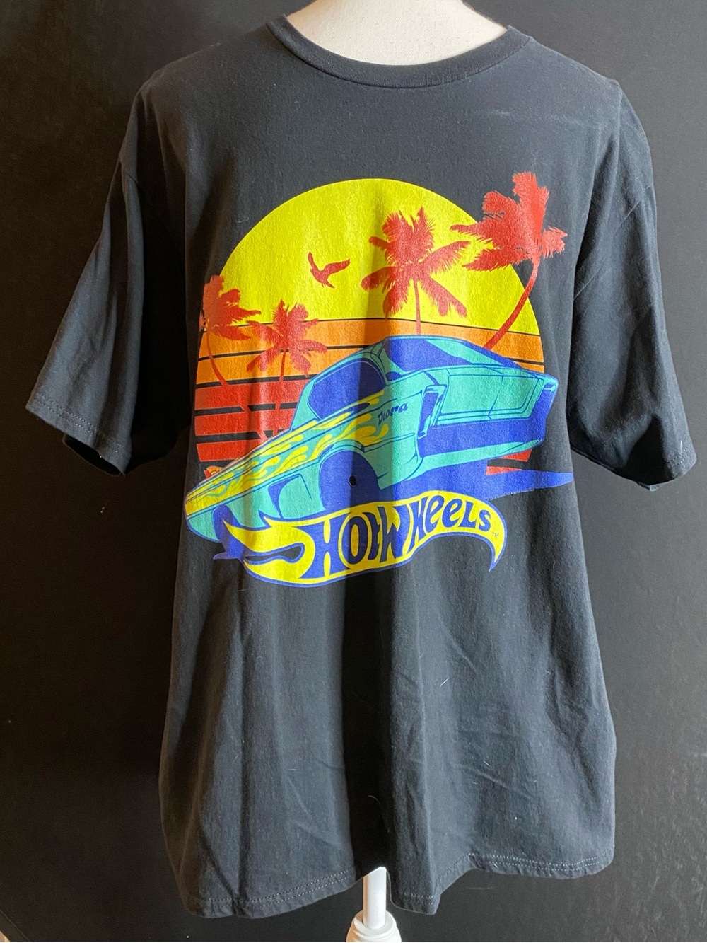 Port and Company Black Hot Wheels Graphic Tee with Yellow, Blue and Red Print